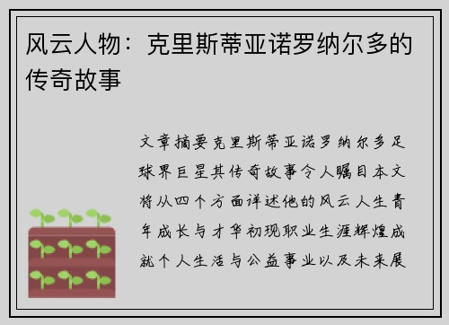 风云人物：克里斯蒂亚诺罗纳尔多的传奇故事
