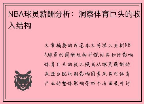 NBA球员薪酬分析：洞察体育巨头的收入结构